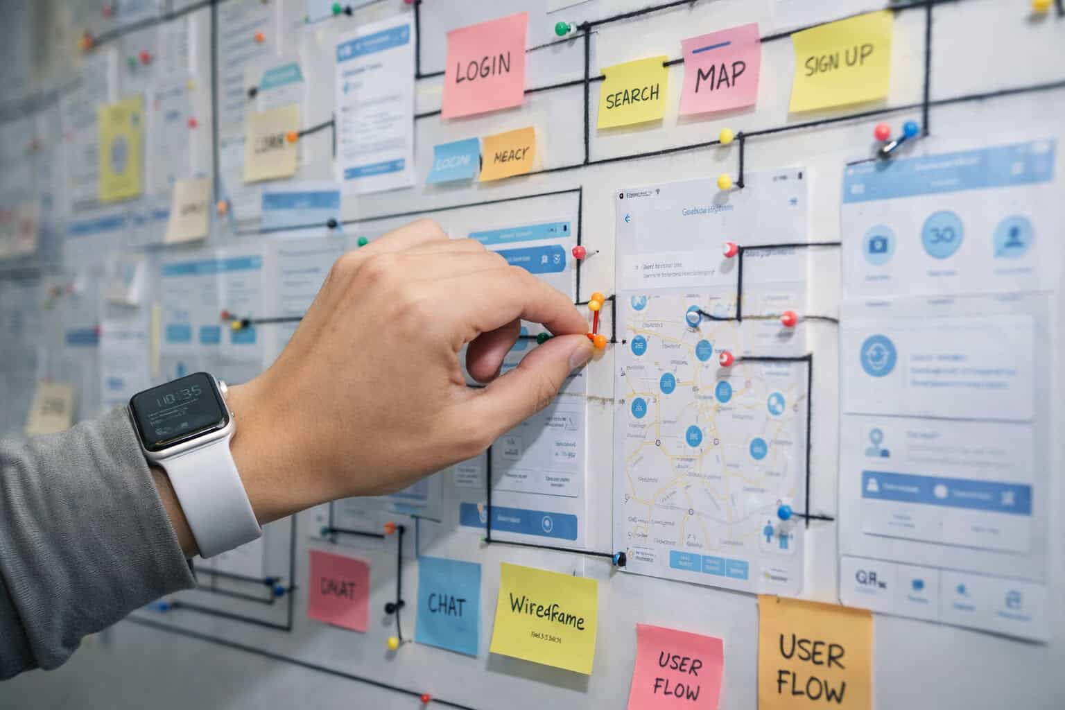 Hand pinning a note on a wall of app wireframes and user flow plans