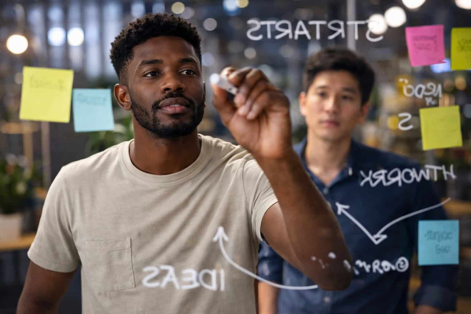 Man writing strategy notes on a glass board with sticky notes