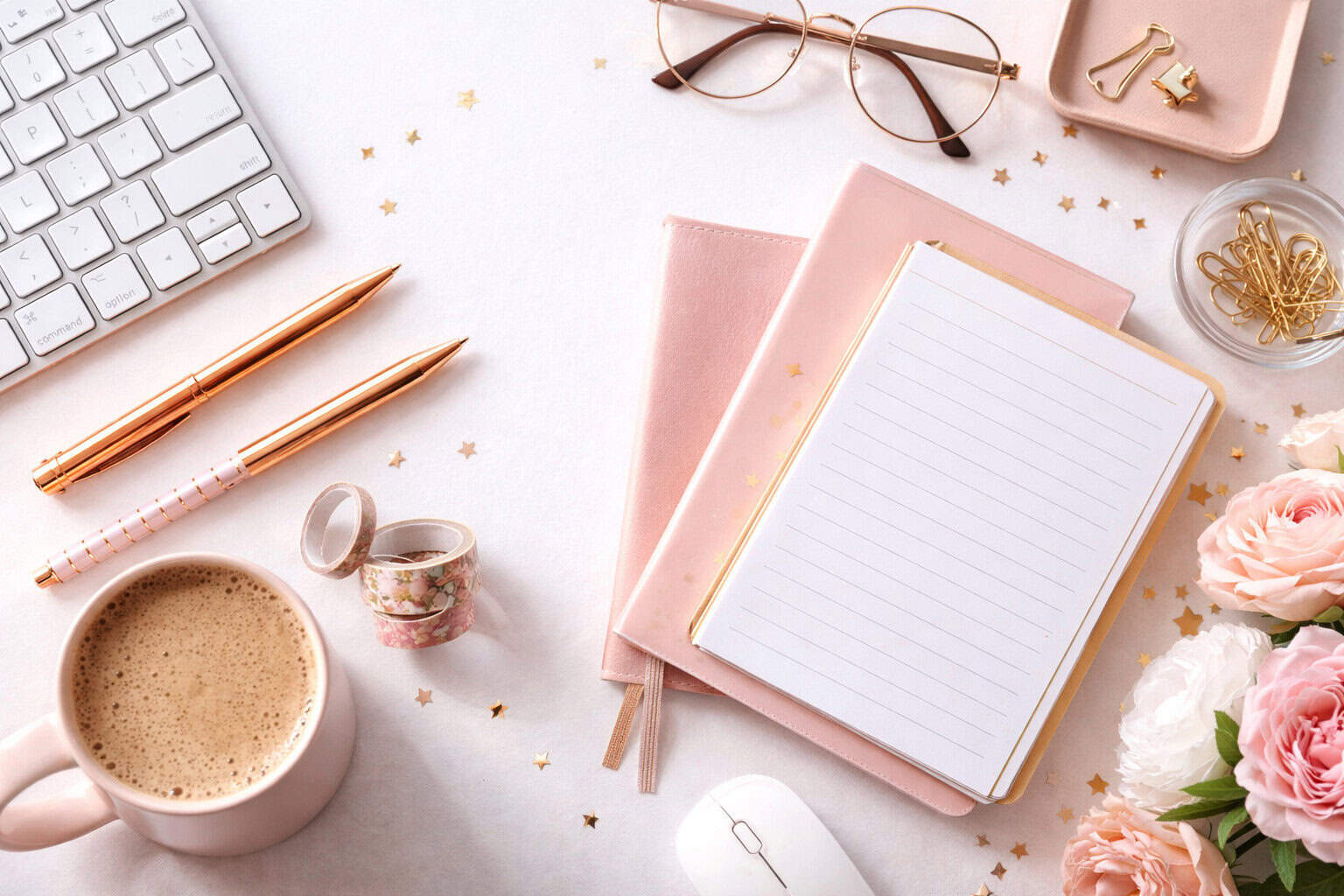 Pink desk workspace with notebook, pens, coffee, and keyboard