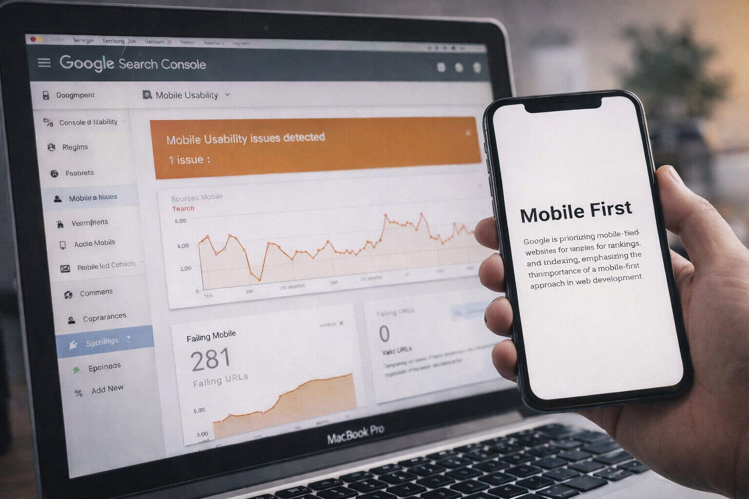 Phone showing “Mobile First” beside Google Search Console on laptop