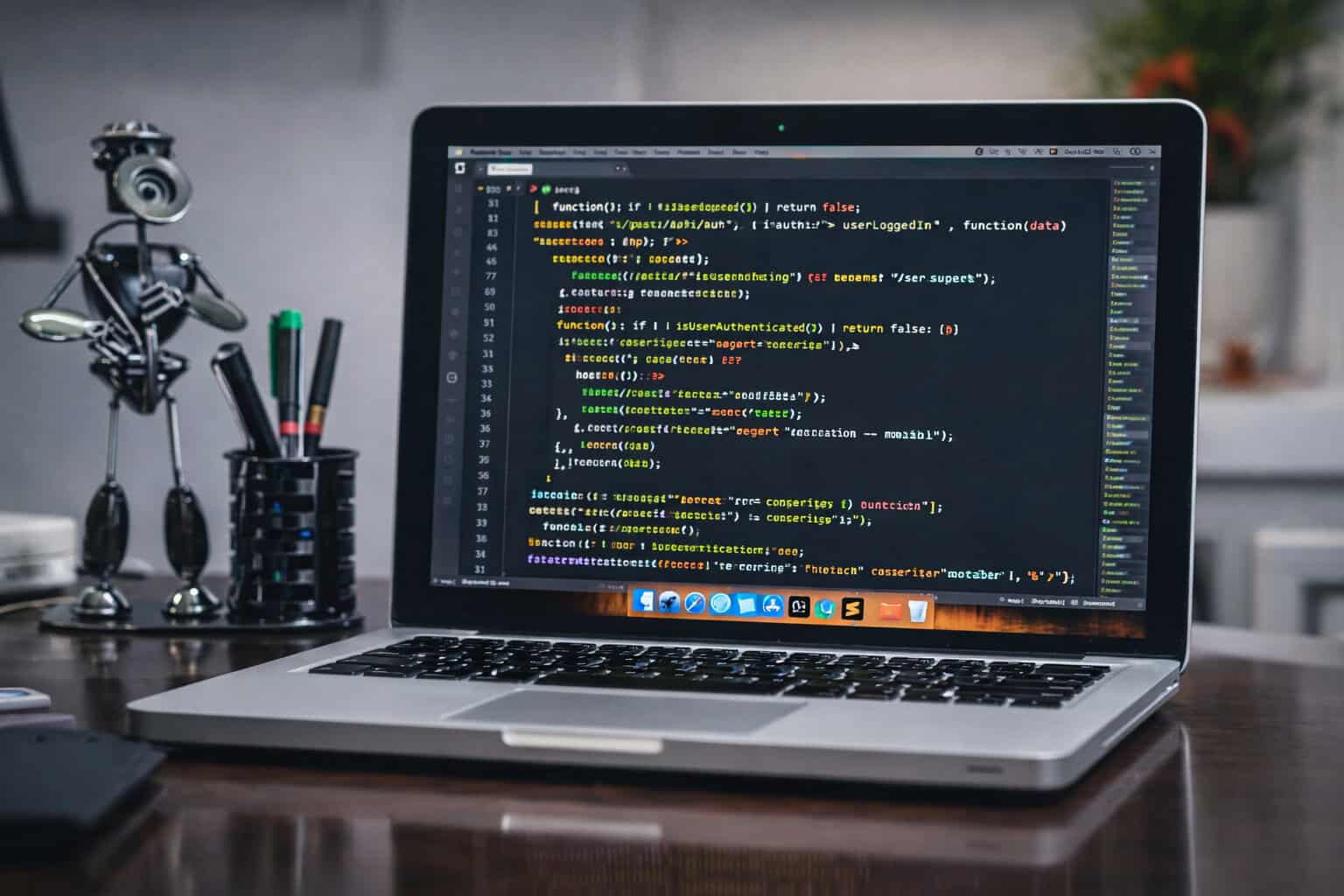 Laptop displaying code in a text editor on a desk