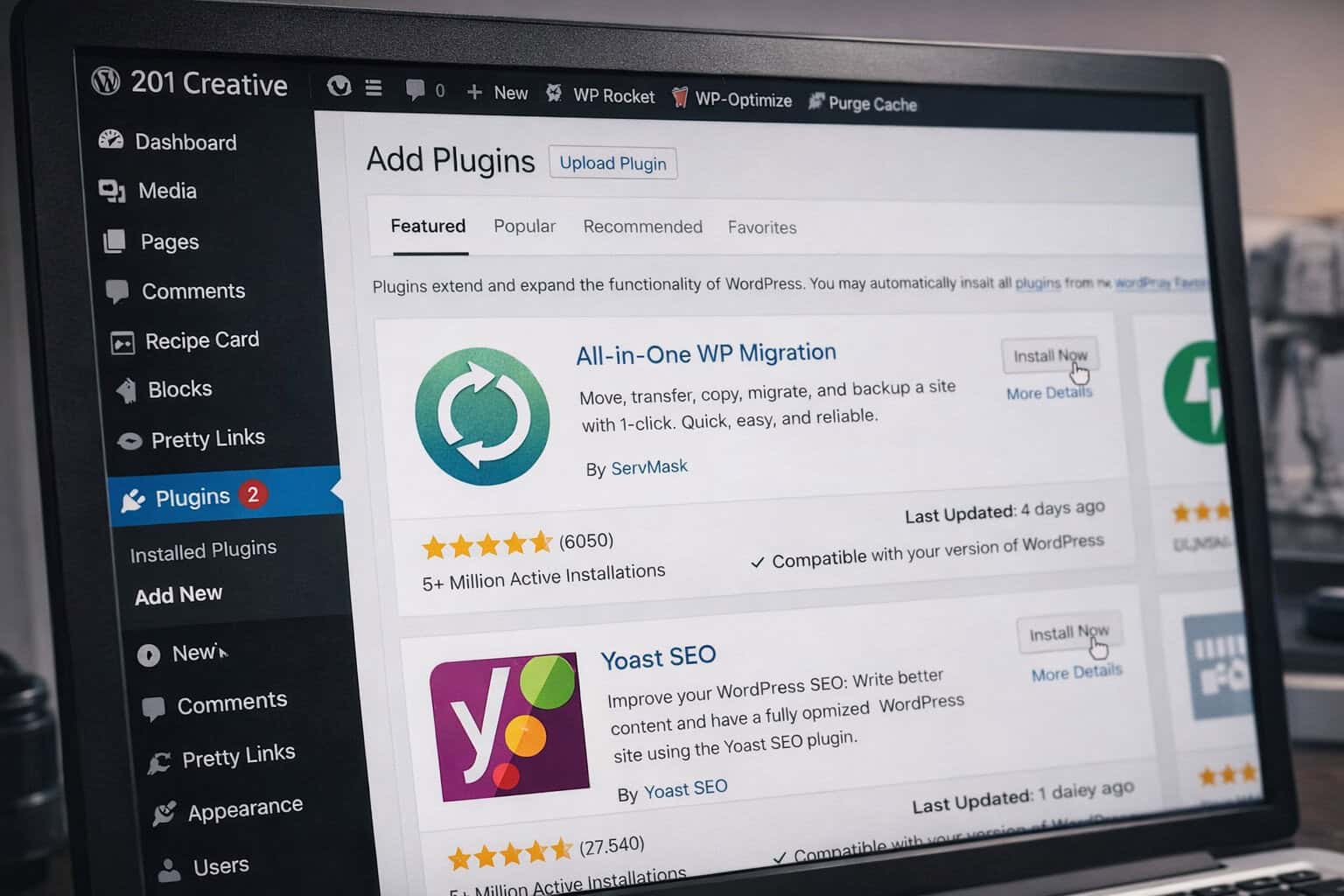 WordPress “Add Plugins” page showing migration and SEO plugins