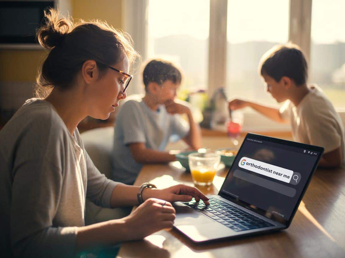 A woman searches for a nearby orthodontist on her laptop while two children eat breakfast at the table.