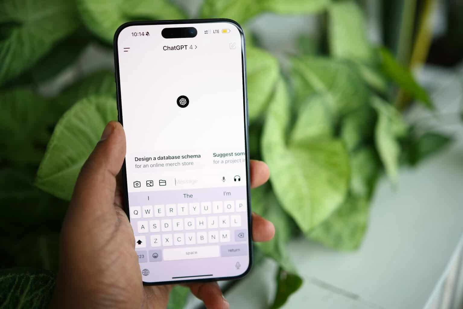 Hand holding a phone open to the ChatGPT app in front of leafy plants