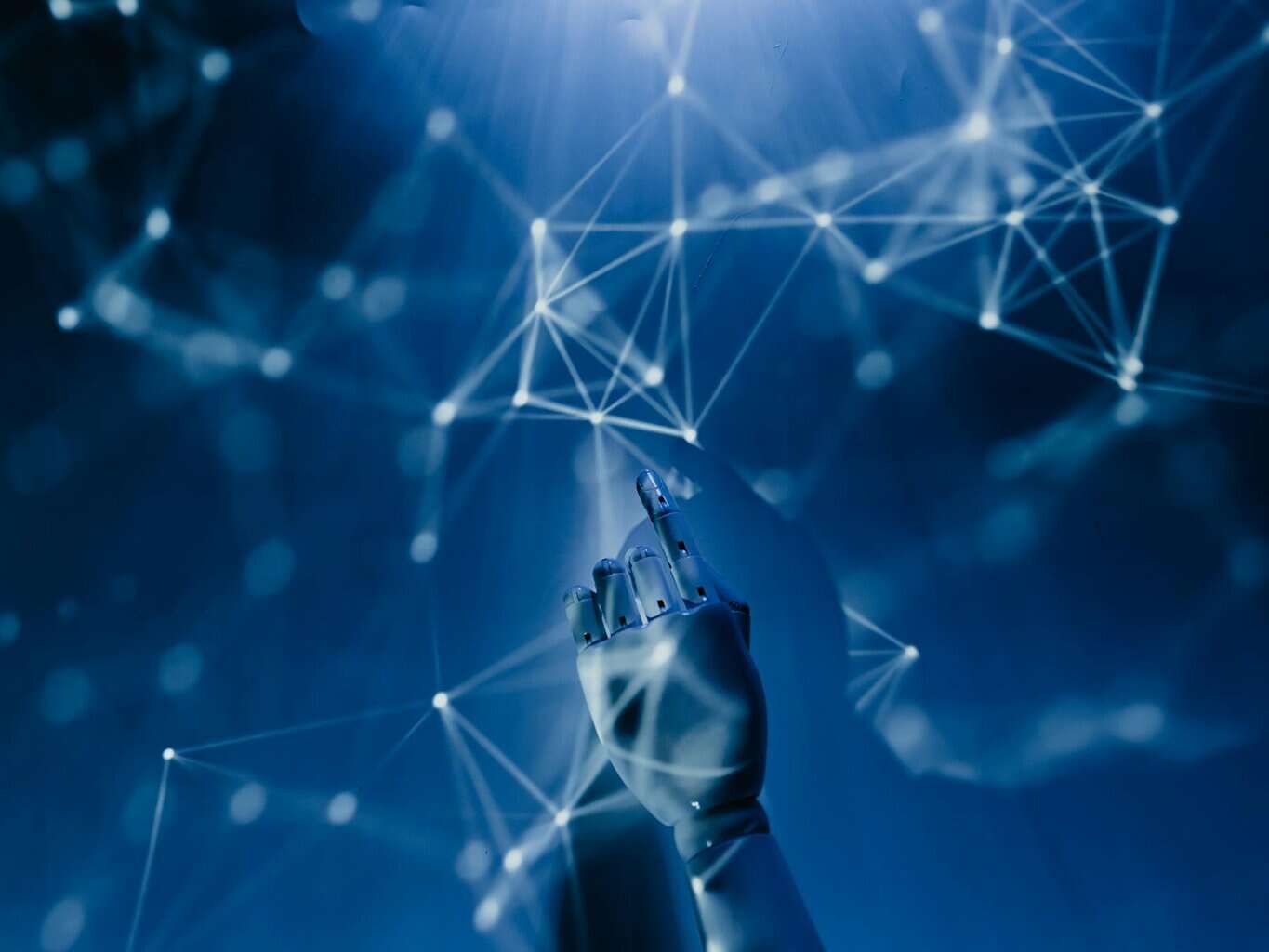 Robotic hand interacting with digital network lines